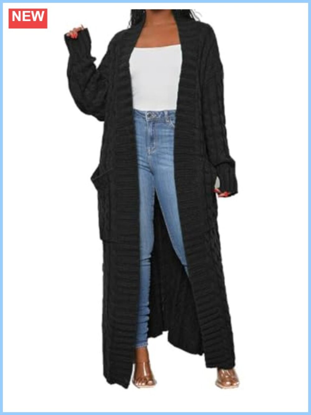Womens Cable Knit Chunky Open Front Long Maxi Cardigan with Pockets